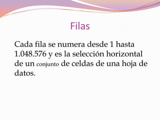 Formato de celdas.HOJA DE CALCULOUna hoja de cálculo es un programa que permite manipular datos numéricos y alfanuméricos   dispuestos en forma de tablas (las cuales son una unión de filas y columnas). Habitualmente es posible realizar cálculos complejos con fórmulas y funciones dibujar distintos tipos de gráficas.Es como una gran hoja cuadriculada formada por 16384 columnas y 1.048.576 filas.