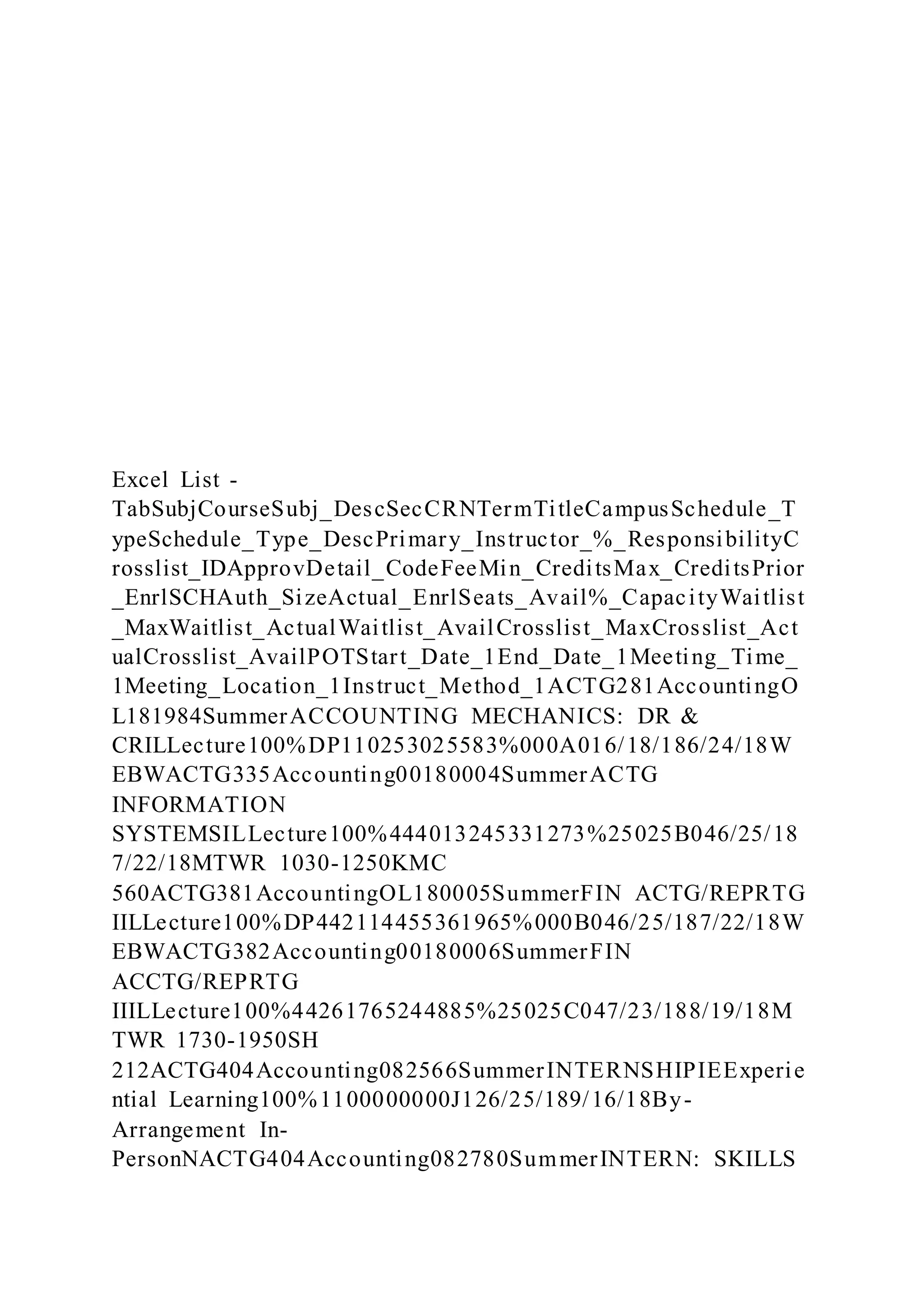 Excel List -
TabSubjCourseSubj_DescSecCRNTermTitleCampusSchedule_T
ypeSchedule_Type_DescPrimary_Instructor_%_ResponsibilityC
rosslist_IDApprovDetail_CodeFeeMin_CreditsMax_CreditsPrior
_EnrlSCHAuth_SizeActual_EnrlSeats_Avail%_CapacityWaitlist
_MaxWaitlist_ActualWaitlist_AvailCrosslist_MaxCrosslist_Act
ualCrosslist_AvailPOTStart_Date_1End_Date_1Meeting_Time_
1Meeting_Location_1Instruct_Method_1ACTG281AccountingO
L181984SummerACCOUNTING MECHANICS: DR &
CRILLecture100%DP110253025583%000A016/18/186/24/18W
EBWACTG335Accounting00180004SummerACTG
INFORMATION
SYSTEMSILLecture100%444013245331273%25025B046/25/18
7/22/18MTWR 1030-1250KMC
560ACTG381AccountingOL180005SummerFIN ACTG/REPRTG
IILLecture100%DP442114455361965%000B046/25/187/22/18W
EBWACTG382Accounting00180006SummerFIN
ACCTG/REPRTG
IIILLecture100%44261765244885%25025C047/23/188/19/18M
TWR 1730-1950SH
212ACTG404Accounting082566SummerINTERNSHIPIEExperie
ntial Learning100%1100000000J126/25/189/16/18By-
Arrangement In-
PersonNACTG404Accounting082780SummerINTERN: SKILLS
 