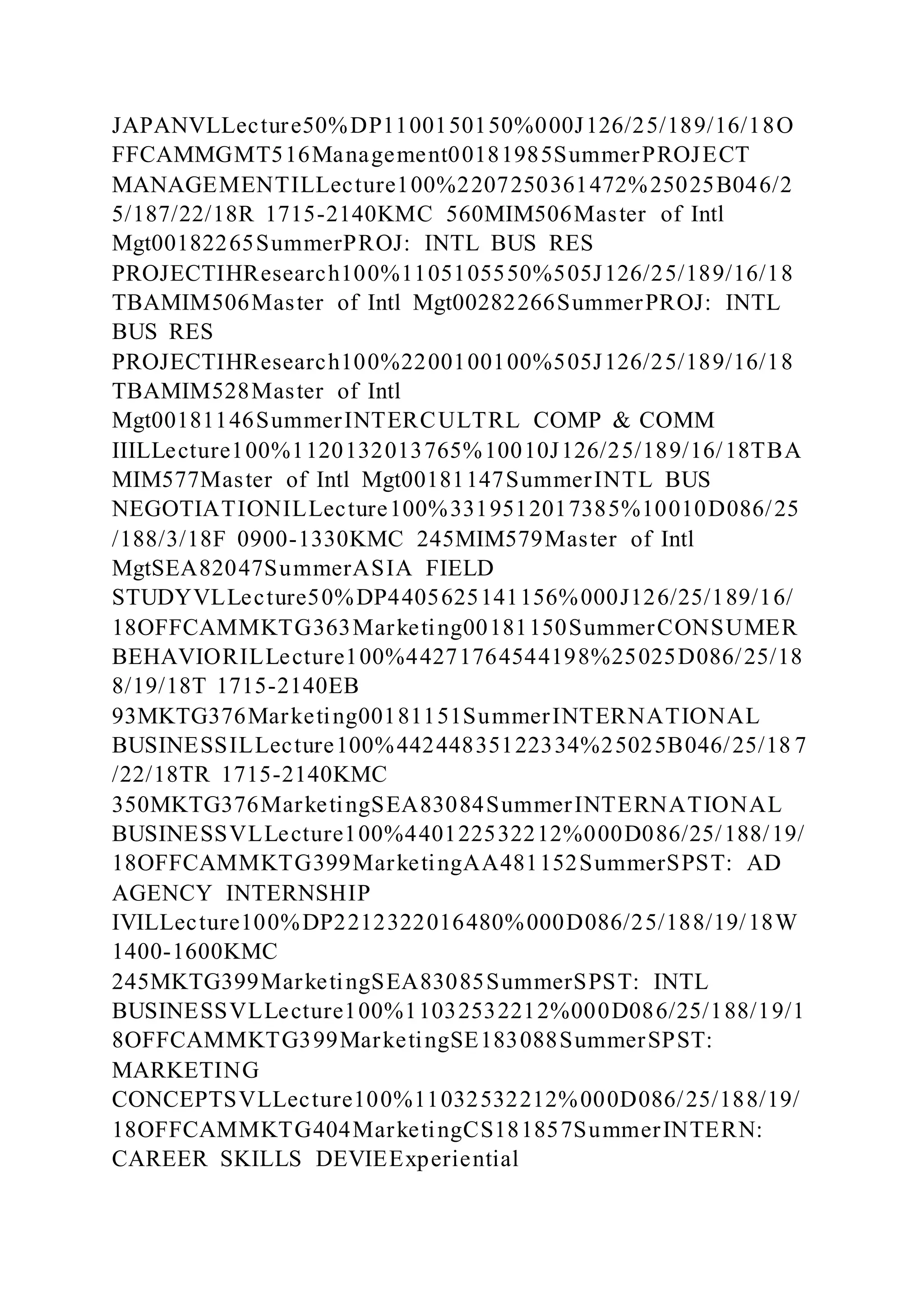 JAPANVLLecture50%DP1100150150%000J126/25/189/16/18O
FFCAMMGMT516Management00181985SummerPROJECT
MANAGEMENTILLecture100%2207250361472%25025B046/2
5/187/22/18R 1715-2140KMC 560MIM506Master of Intl
Mgt00182265SummerPROJ: INTL BUS RES
PROJECTIHResearch100%1105105550%505J126/25/189/16/18
TBAMIM506Master of Intl Mgt00282266SummerPROJ: INTL
BUS RES
PROJECTIHResearch100%2200100100%505J126/25/189/16/18
TBAMIM528Master of Intl
Mgt00181146SummerINTERCULTRL COMP & COMM
IIILLecture100%1120132013765%10010J126/25/189/16/18TBA
MIM577Master of Intl Mgt00181147SummerINTL BUS
NEGOTIATIONILLecture100%3319512017385%10010D086/25
/188/3/18F 0900-1330KMC 245MIM579Master of Intl
MgtSEA82047SummerASIA FIELD
STUDYVLLecture50%DP4405625141156%000J126/25/189/16/
18OFFCAMMKTG363Marketing00181150SummerCONSUMER
BEHAVIORILLecture100%44271764544198%25025D086/25/18
8/19/18T 1715-2140EB
93MKTG376Marketing00181151SummerINTERNATIONAL
BUSINESSILLecture100%44244835122334%25025B046/25/18 7
/22/18TR 1715-2140KMC
350MKTG376MarketingSEA83084SummerINTERNATIONAL
BUSINESSVLLecture100%440122532212%000D086/25/188/19/
18OFFCAMMKTG399MarketingAA481152SummerSPST: AD
AGENCY INTERNSHIP
IVILLecture100%DP2212322016480%000D086/25/188/19/18W
1400-1600KMC
245MKTG399MarketingSEA83085SummerSPST: INTL
BUSINESSVLLecture100%11032532212%000D086/25/188/19/1
8OFFCAMMKTG399MarketingSE183088SummerSPST:
MARKETING
CONCEPTSVLLecture100%11032532212%000D086/25/188/19/
18OFFCAMMKTG404MarketingCS181857SummerINTERN:
CAREER SKILLS DEVIEExperiential
 