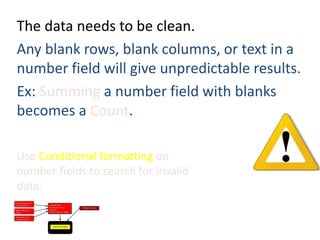 The data needs to be clean.
Any blank rows, blank columns, or text in a
number field will give unpredictable results.
Ex: Summing a number field with blanks
becomes a Count.
Use Conditional formatting on
number fields to search for invalid
data.
 