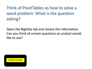 Think of PivotTables as how to solve a
word problem: What is the question
asking?
Open the BigData tab and review the information.
Can you think of certain questions an analyst would
like to see?
 