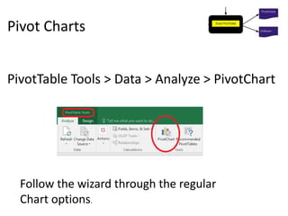 Pivot Charts
PivotTable Tools > Data > Analyze > PivotChart
Follow the wizard through the regular
Chart options.
 