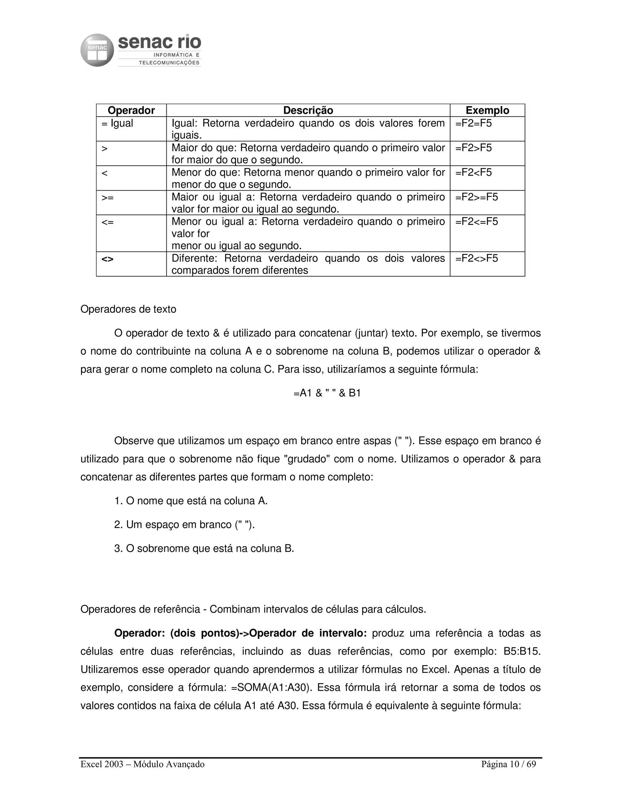 Excel 2003 – Módulo Avançado Página 10 / 69
Operador Descrição Exemplo
= Igual Igual: Retorna verdadeiro quando os dois valores forem
iguais.
=F2=F5
> Maior do que: Retorna verdadeiro quando o primeiro valor
for maior do que o segundo.
=F2>F5
< Menor do que: Retorna menor quando o primeiro valor for
menor do que o segundo.
=F2<F5
>= Maior ou igual a: Retorna verdadeiro quando o primeiro
valor for maior ou igual ao segundo.
=F2>=F5
<= Menor ou igual a: Retorna verdadeiro quando o primeiro
valor for
menor ou igual ao segundo.
=F2<=F5
<> Diferente: Retorna verdadeiro quando os dois valores
comparados forem diferentes
=F2<>F5
Operadores de texto
O operador de texto & é utilizado para concatenar (juntar) texto. Por exemplo, se tivermos
o nome do contribuinte na coluna A e o sobrenome na coluna B, podemos utilizar o operador &
para gerar o nome completo na coluna C. Para isso, utilizaríamos a seguinte fórmula:
=A1 & " " & B1
Observe que utilizamos um espaço em branco entre aspas (" "). Esse espaço em branco é
utilizado para que o sobrenome não fique "grudado" com o nome. Utilizamos o operador & para
concatenar as diferentes partes que formam o nome completo:
1. O nome que está na coluna A.
2. Um espaço em branco (" ").
3. O sobrenome que está na coluna B.
Operadores de referência - Combinam intervalos de células para cálculos.
Operador: (dois pontos)->Operador de intervalo: produz uma referência a todas as
células entre duas referências, incluindo as duas referências, como por exemplo: B5:B15.
Utilizaremos esse operador quando aprendermos a utilizar fórmulas no Excel. Apenas a título de
exemplo, considere a fórmula: =SOMA(A1:A30). Essa fórmula irá retornar a soma de todos os
valores contidos na faixa de célula A1 até A30. Essa fórmula é equivalente à seguinte fórmula:
 