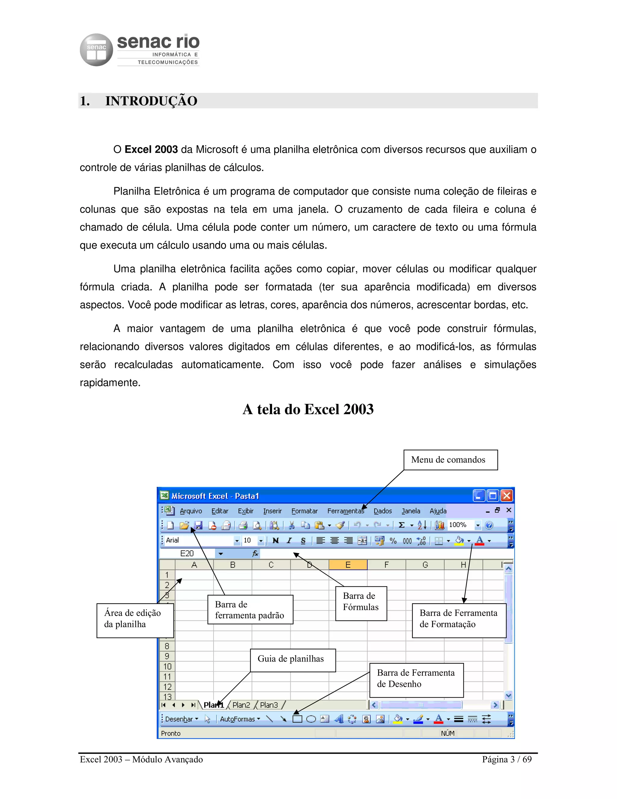 Excel 2003 – Módulo Avançado Página 3 / 69
1. INTRODUÇÃO
O Excel 2003 da Microsoft é uma planilha eletrônica com diversos recursos que auxiliam o
controle de várias planilhas de cálculos.
Planilha Eletrônica é um programa de computador que consiste numa coleção de fileiras e
colunas que são expostas na tela em uma janela. O cruzamento de cada fileira e coluna é
chamado de célula. Uma célula pode conter um número, um caractere de texto ou uma fórmula
que executa um cálculo usando uma ou mais células.
Uma planilha eletrônica facilita ações como copiar, mover células ou modificar qualquer
fórmula criada. A planilha pode ser formatada (ter sua aparência modificada) em diversos
aspectos. Você pode modificar as letras, cores, aparência dos números, acrescentar bordas, etc.
A maior vantagem de uma planilha eletrônica é que você pode construir fórmulas,
relacionando diversos valores digitados em células diferentes, e ao modificá-los, as fórmulas
serão recalculadas automaticamente. Com isso você pode fazer análises e simulações
rapidamente.
A tela do Excel 2003
Barra de
ferramenta padrãoÁrea de edição
da planilha
Barra de
Fórmulas
Barra de Ferramenta
de Formatação
Guia de planilhas
Barra de Ferramenta
de Desenho
Menu de comandos
 