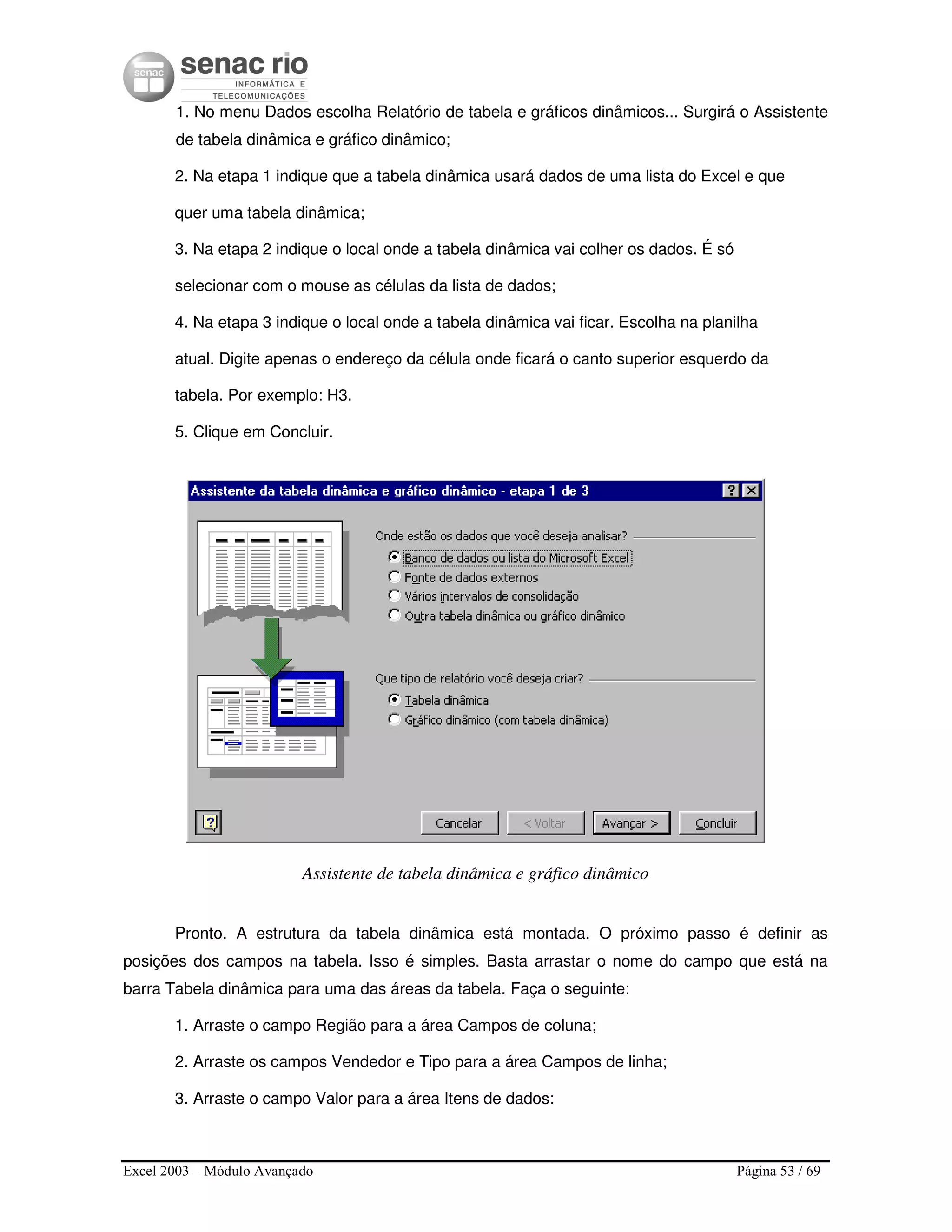 Excel 2003 – Módulo Avançado Página 53 / 69
1. No menu Dados escolha Relatório de tabela e gráficos dinâmicos... Surgirá o Assistente
de tabela dinâmica e gráfico dinâmico;
2. Na etapa 1 indique que a tabela dinâmica usará dados de uma lista do Excel e que
quer uma tabela dinâmica;
3. Na etapa 2 indique o local onde a tabela dinâmica vai colher os dados. É só
selecionar com o mouse as células da lista de dados;
4. Na etapa 3 indique o local onde a tabela dinâmica vai ficar. Escolha na planilha
atual. Digite apenas o endereço da célula onde ficará o canto superior esquerdo da
tabela. Por exemplo: H3.
5. Clique em Concluir.
Assistente de tabela dinâmica e gráfico dinâmico
Pronto. A estrutura da tabela dinâmica está montada. O próximo passo é definir as
posições dos campos na tabela. Isso é simples. Basta arrastar o nome do campo que está na
barra Tabela dinâmica para uma das áreas da tabela. Faça o seguinte:
1. Arraste o campo Região para a área Campos de coluna;
2. Arraste os campos Vendedor e Tipo para a área Campos de linha;
3. Arraste o campo Valor para a área Itens de dados:
 