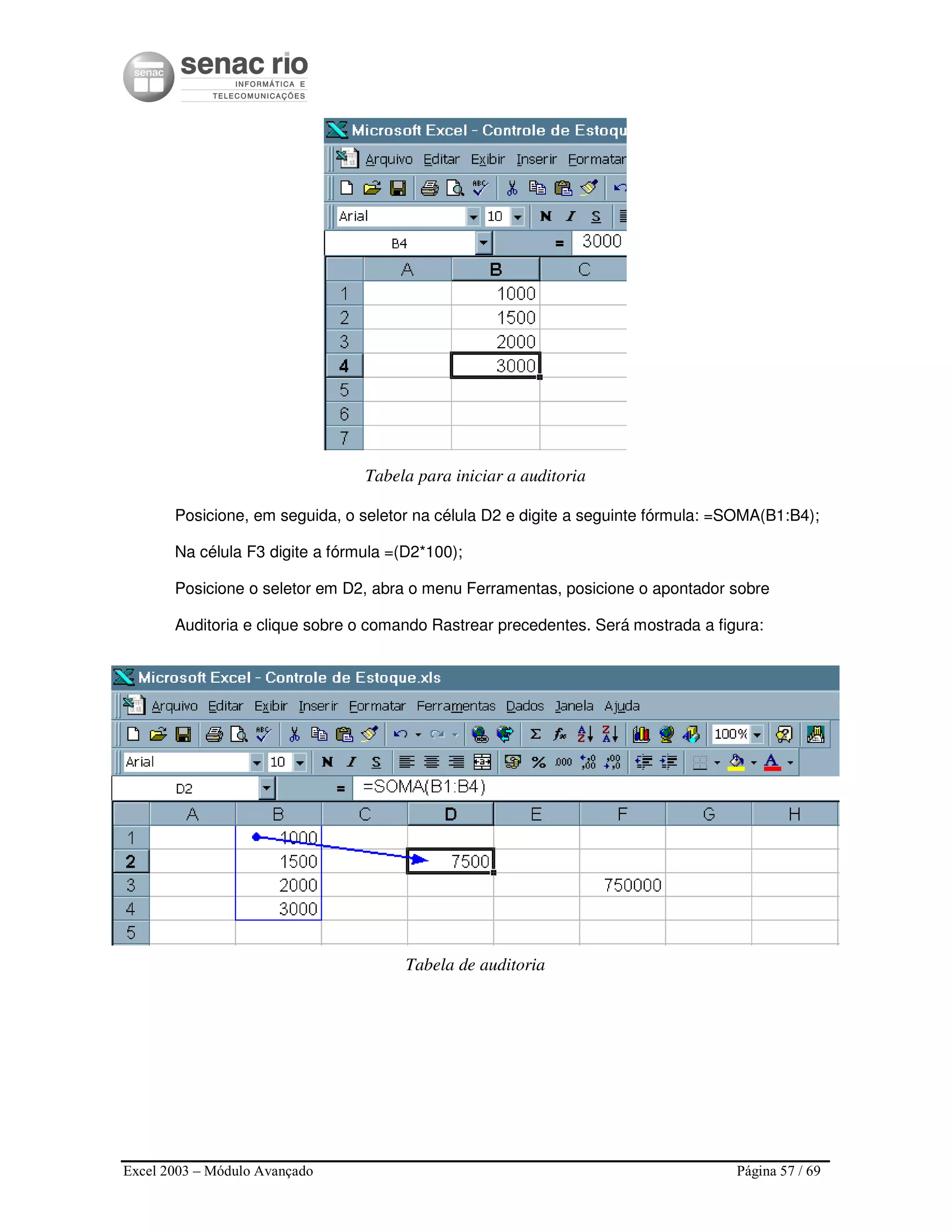 Excel 2003 – Módulo Avançado Página 57 / 69
Tabela para iniciar a auditoria
Posicione, em seguida, o seletor na célula D2 e digite a seguinte fórmula: =SOMA(B1:B4);
Na célula F3 digite a fórmula =(D2*100);
Posicione o seletor em D2, abra o menu Ferramentas, posicione o apontador sobre
Auditoria e clique sobre o comando Rastrear precedentes. Será mostrada a figura:
Tabela de auditoria
 