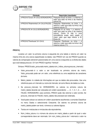 Excel 2003 – Módulo Avançado Página 32 / 69
PROCV()
Localiza um valor na primeira coluna à esquerda de uma tabela e retorna um valor na
mesma linha de uma coluna especificada na tabela. Use PROCV em vez de PROCH quando os
valores da comparação estiverem posicionados em uma coluna à esquerda ou à direita dos dados
que você deseja procurar. O V em PROCV significa "Vertical".
Sintaxe: PROCV(valor_procurado;matriz_tabela;núm_índice_coluna;procurar_intervalo)
• Valor_procurado é o valor a ser localizado na primeira coluna da matriz.
Valor_procurado pode ser um valor, uma referência ou uma seqüência de caracteres
de texto.
• Matriz_tabela é a tabela de informações em que os dados são procurados. Use uma
referência para um intervalo ou nome de intervalo, tal como Banco de dados ou Lista.
• Se procurar_intervalo for VERDADEIRO, os valores na primeira coluna de
matriz_tabela deverão ser colocados em ordem ascendente: ..., -2, -1, 0, 1, 2, ... , A-Z,
FALSO, VERDADEIRO; caso contrário, PROCV pode não retornar o valor correto. Se
procurar_intervalo for FALSO, matriz_tabela não precisará ser ordenada.
• Você pode colocar os valores em ordem ascendente escolhendo o comando Classificar
no menu Dados e selecionando Crescente. Os valores na primeira coluna de
matriz_tabela podem ser texto, números ou valores lógicos.
• Textos em maiúsculas e minúsculas são equivalentes.
• Núm_índice_coluna é o número da coluna em matriz_tabela a partir do qual o valor
correspondente deve ser retornado. Um núm_índice_coluna de 1 retornará o valor na
Fórmula Descrição (resultado)
=PROCH("Eixos";A1:C4;2;VERDADEIRO) Pesquisa Eixos na linha 1 e retorna o
valor que está na linha 2 da mesma
coluna (4)
=PROCH("Rolamentos";A1:C4;3;FALSO) Pesquisa Rolamentos na linha 1 e
retorna o valor que está na linha 3 da
mesma coluna (7)
=PROCH("B";A1:C4;3;VERDADEIRO) Pesquisa B na linha 1 e retorna o
valor que está na linha 3 da mesma
coluna. Como B não é uma
coincidência exata, será usado o
maior valor que seja inferior a B:
Eixos (5)
=PROCH("Parafusos";A1:C4;4) Pesquisa Parafusos na linha 1 e
retorna o valor que está na linha 4 da
mesma coluna (11)
 
