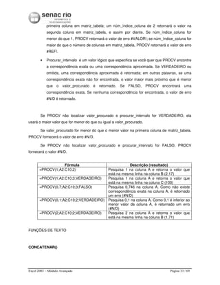 Excel 2003 – Módulo Avançado Página 33 / 69
primeira coluna em matriz_tabela; um núm_índice_coluna de 2 retornará o valor na
segunda coluna em matriz_tabela, e assim por diante. Se núm_índice_coluna for
menor do que 1, PROCV retornará o valor de erro #VALOR!; se núm_índice_coluna for
maior do que o número de colunas em matriz_tabela, PROCV retornará o valor de erro
#REF!.
• Procurar_intervalo é um valor lógico que especifica se você quer que PROCV encontre
a correspondência exata ou uma correspondência aproximada. Se VERDADEIRO ou
omitida, uma correspondência aproximada é retornada; em outras palavras, se uma
correspondência exata não for encontrada, o valor maior mais próximo que é menor
que o valor_procurado é retornado. Se FALSO, PROCV encontrará uma
correspondência exata. Se nenhuma correspondência for encontrada, o valor de erro
#N/D é retornado.
Se PROCV não localizar valor_procurado e procurar_intervalo for VERDADEIRO, ela
usará o maior valor que for menor do que ou igual a valor_procurado.
Se valor_procurado for menor do que o menor valor na primeira coluna de matriz_tabela,
PROCV fornecerá o valor de erro #N/D.
Se PROCV não localizar valor_procurado e procurar_intervalo for FALSO, PROCV
fornecerá o valor #N/D.
FUNÇÕES DE TEXTO
CONCATENAR()
Fórmula Descrição (resultado)
=PROCV(1;A2:C10;2) Pesquisa 1 na coluna A e retorna o valor que
está na mesma linha na coluna B (2,17)
=PROCV(1;A2:C10;3;VERDADEIRO) Pesquisa 1 na coluna A e retorna o valor que
está na mesma linha na coluna C (100)
=PROCV(0,7;A2:C10;3;FALSO) Pesquisa 0,746 na coluna A. Como não existe
correspondência exata na coluna A, é retornado
um erro (#N/D)
=PROCV(0,1;A2:C10;2;VERDADEIRO) Pesquisa 0,1 na coluna A. Como 0,1 é inferior ao
menor valor da coluna A, é retornado um erro
(#N/D)
=PROCV(2;A2:C10;2;VERDADEIRO) Pesquisa 2 na coluna A e retorna o valor que
está na mesma linha na coluna B (1,71)
 