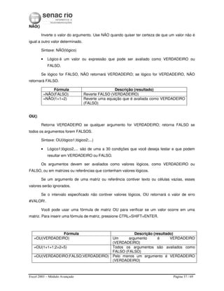 Excel 2003 – Módulo Avançado Página 37 / 69
NÃO()
Inverte o valor do argumento. Use NÃO quando quiser ter certeza de que um valor não é
igual a outro valor determinado.
Sintaxe: NÃO(lógico)
• Lógico é um valor ou expressão que pode ser avaliado como VERDADEIRO ou
FALSO.
Se lógico for FALSO, NÃO retornará VERDADEIRO; se lógico for VERDADEIRO, NÃO
retornará FALSO.
Fórmula Descrição (resultado)
=NÃO(FALSO) Reverte FALSO (VERDADEIRO)
=NÃO(1+1=2) Reverte uma equação que é avaliada como VERDADEIRO
(FALSO)
OU()
Retorna VERDADEIRO se qualquer argumento for VERDADEIRO; retorna FALSO se
todos os argumentos forem FALSOS.
Sintaxe: OU(lógico1;lógico2;...)
• Lógico1;lógico2,... são de uma a 30 condições que você deseja testar e que podem
resultar em VERDADEIRO ou FALSO.
Os argumentos devem ser avaliados como valores lógicos, como VERDADEIRO ou
FALSO, ou em matrizes ou referências que contenham valores lógicos.
Se um argumento de uma matriz ou referência contiver texto ou células vazias, esses
valores serão ignorados.
Se o intervalo especificado não contiver valores lógicos, OU retornará o valor de erro
#VALOR!.
Você pode usar uma fórmula de matriz OU para verificar se um valor ocorre em uma
matriz. Para inserir uma fórmula de matriz, pressione CTRL+SHIFT+ENTER.
Fórmula Descrição (resultado)
=OU(VERDADEIRO) Um argumento é VERDADEIRO
(VERDADEIRO)
=OU(1+1=1;2+2=5) Todos os argumentos são avaliados como
FALSO (FALSO)
=OU(VERDADEIRO;FALSO;VERDADEIRO) Pelo menos um argumento é VERDADEIRO
(VERDADEIRO)
 