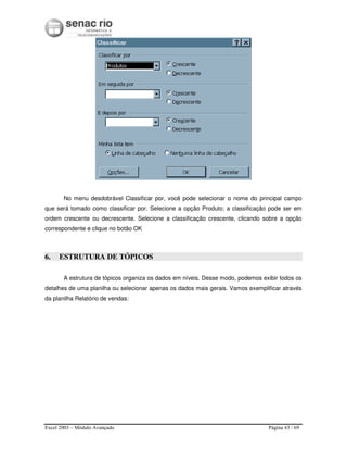 Excel 2003 – Módulo Avançado Página 43 / 69
No menu desdobrável Classificar por, você pode selecionar o nome do principal campo
que será tomado como classificar por. Selecione a opção Produto; a classificação pode ser em
ordem crescente ou decrescente. Selecione a classificação crescente, clicando sobre a opção
correspondente e clique no botão OK
6. ESTRUTURA DE TÓPICOS
A estrutura de tópicos organiza os dados em níveis. Desse modo, podemos exibir todos os
detalhes de uma planilha ou selecionar apenas os dados mais gerais. Vamos exemplificar através
da planilha Relatório de vendas:
 