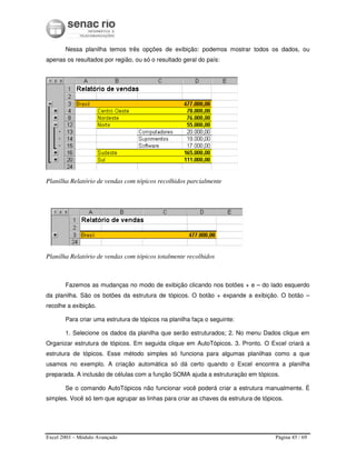 Excel 2003 – Módulo Avançado Página 45 / 69
Nessa planilha temos três opções de exibição: podemos mostrar todos os dados, ou
apenas os resultados por região, ou só o resultado geral do país:
Planilha Relatório de vendas com tópicos recolhidos parcialmente
Planilha Relatório de vendas com tópicos totalmente recolhidos
Fazemos as mudanças no modo de exibição clicando nos botões + e – do lado esquerdo
da planilha. São os botões da estrutura de tópicos. O botão + expande a exibição. O botão –
recolhe a exibição.
Para criar uma estrutura de tópicos na planilha faça o seguinte:
1. Selecione os dados da planilha que serão estruturados; 2. No menu Dados clique em
Organizar estrutura de tópicos. Em seguida clique em AutoTópicos. 3. Pronto. O Excel criará a
estrutura de tópicos. Esse método simples só funciona para algumas planilhas como a que
usamos no exemplo. A criação automática só dá certo quando o Excel encontra a planilha
preparada. A inclusão de células com a função SOMA ajuda a estruturação em tópicos.
Se o comando AutoTópicos não funcionar você poderá criar a estrutura manualmente. É
simples. Você só tem que agrupar as linhas para criar as chaves da estrutura de tópicos.
 