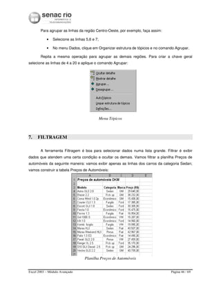 Excel 2003 – Módulo Avançado Página 46 / 69
Para agrupar as linhas da região Centro-Oeste, por exemplo, faça assim:
• Selecione as linhas 5,6 e 7;
• No menu Dados, clique em Organizar estrutura de tópicos e no comando Agrupar.
Repita a mesma operação para agrupar as demais regiões. Para criar a chave geral
selecione as linhas de 4 a 20 e aplique o comando Agrupar:
Menu Tópicos
7. FILTRAGEM
A ferramenta Filtragem é boa para selecionar dados numa lista grande. Filtrar é exibir
dados que atendem uma certa condição e ocultar os demais. Vamos filtrar a planilha Preços de
automóveis da seguinte maneira: vamos exibir apenas as linhas dos carros da categoria Sedan;
vamos construir a tabela Preços de Automóveis:
Planilha Preços de Automóveis
 