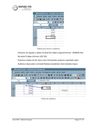 Excel 2003 – Módulo Avançado Página 57 / 69
Tabela para iniciar a auditoria
Posicione, em seguida, o seletor na célula D2 e digite a seguinte fórmula: =SOMA(B1:B4);
Na célula F3 digite a fórmula =(D2*100);
Posicione o seletor em D2, abra o menu Ferramentas, posicione o apontador sobre
Auditoria e clique sobre o comando Rastrear precedentes. Será mostrada a figura:
Tabela de auditoria
 