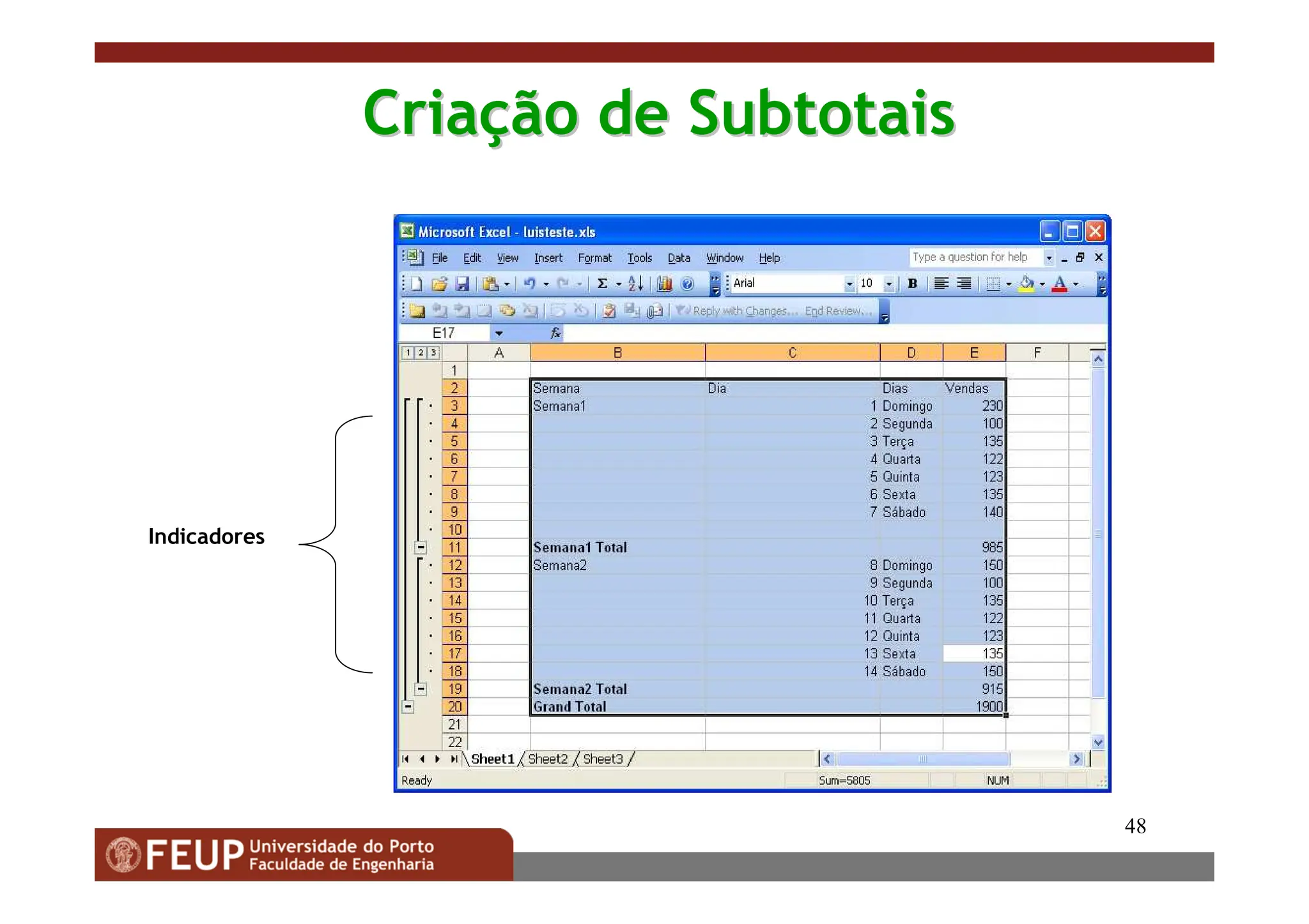 48
Cria
Criaç
ção de
ão de Subtotais
Subtotais
Indicadores
 