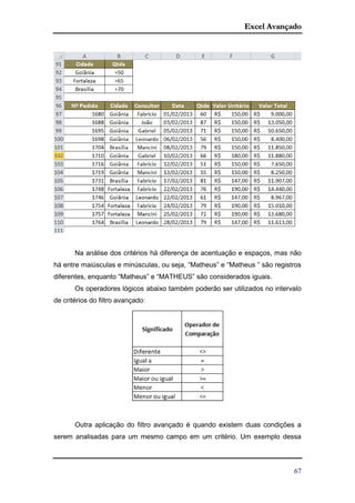 Excel Avançado
67
Na análise dos critérios há diferença de acentuação e espaços, mas não
há entre maiúsculas e minúsculas, ou seja, “Matheus” e “Matheus ” são registros
diferentes, enquanto “Matheus” e “MATHEUS” são considerados iguais.
Os operadores lógicos abaixo também poderão ser utilizados no intervalo
de critérios do filtro avançado:
Outra aplicação do filtro avançado é quando existem duas condições a
serem analisadas para um mesmo campo em um critério. Um exemplo dessa
 