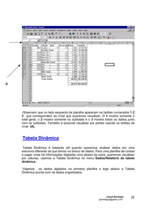 A




     Observem que no lado esquerdo da planilha aparecem os botões numerados 1 2
    3 que correspondem ao nível que queremos visualizar. O 1 mostra somente o
    total geral, o 2 mostra somente os subtotais e o 3 mostra todos os dados junto
    com os subtotais. Também é possível visualizar por partes usando os botões de
    nível (A).


    Tabela Dinâmica

    Tabela Dinâmica é bastante útil quando queremos analisar dados em uma
    estrutura diferente da que temos no banco de dados. Para uma planilha de contas
    a pagar onde há informações digitadas uma abaixo da outra, queremos visualizar
    por colunas, usamos a Tabela Dinâmica no menu Dados/Relatório da tabela
    dinâmica.

    Vejamos os dados digitados na primeira planilha e logo abaixo a Tabela
    Dinâmica pronta com os dados organizados.




                                                                  Josué Santiago   22
                                                          jpsantiago@globo.com
 