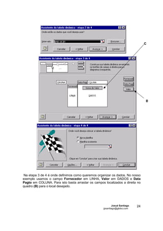 C




                                                                                  B




Na etapa 3 de 4 é onde definimos como queremos organizar os dados. No nosso
exemplo usamos o campo Fornecedor em LINHA, Valor em DADOS e Data
Pagto em COLUNA. Para isto basta arrastar os campos localizados a direita no
quadro (B) para o local desejado.




                                                            Josué Santiago   24
                                                    jpsantiago@globo.com
 
