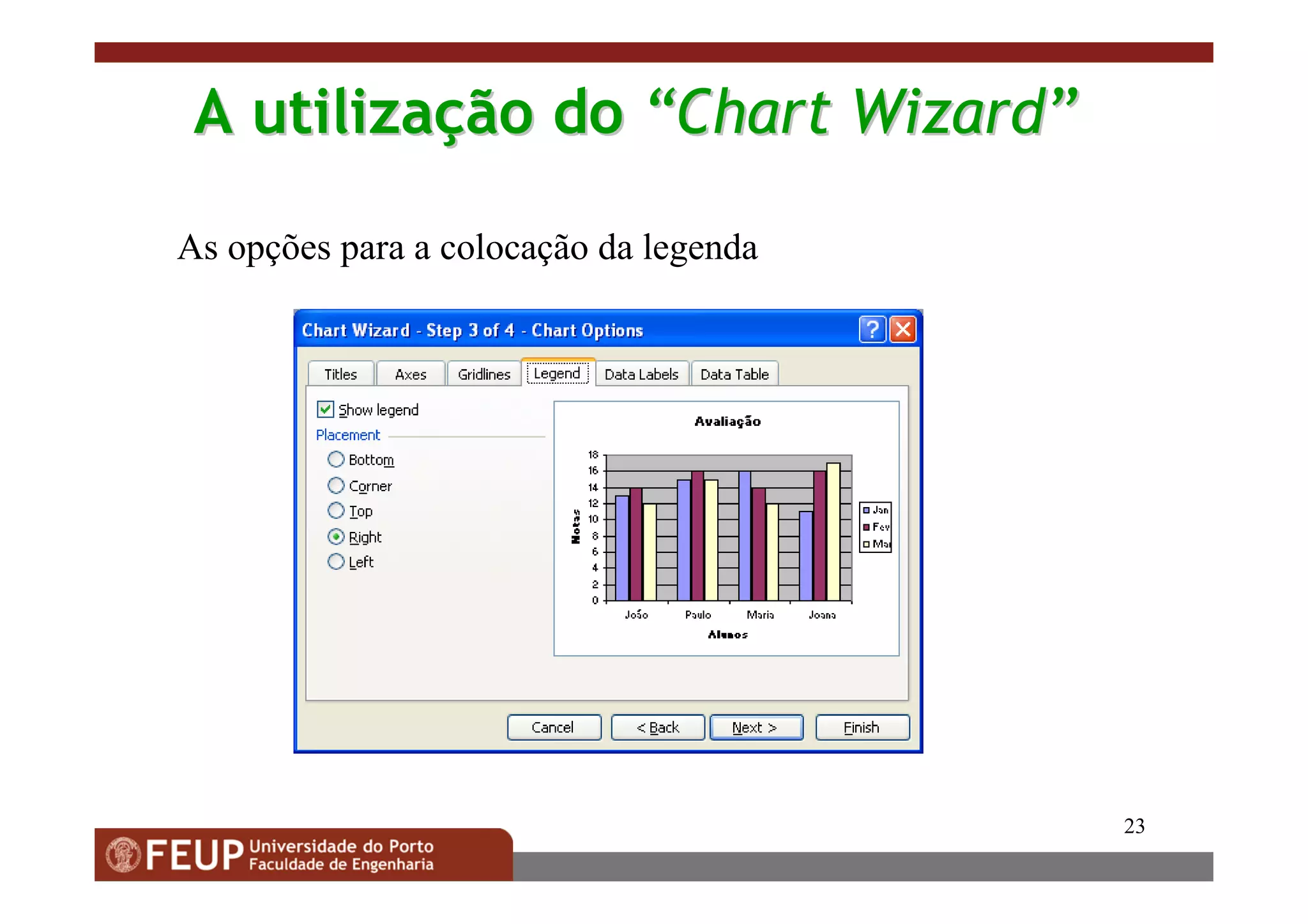 23
As opções para a colocação da legenda
AA utilizautilizaççãoão dodo ““Chart WizardChart Wizard””
 