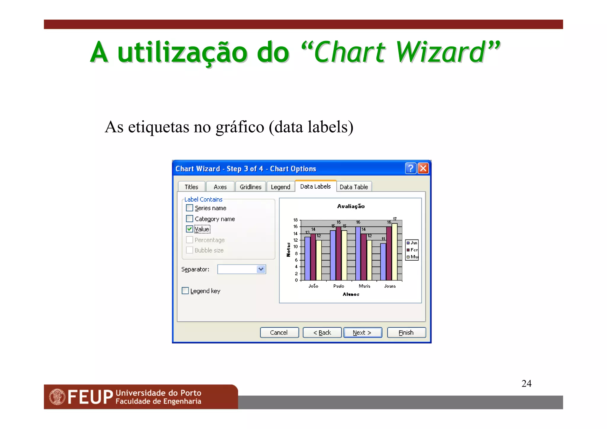 24
AA utilizautilizaççãoão dodo ““Chart WizardChart Wizard””
As etiquetas no gráfico (data labels)
 