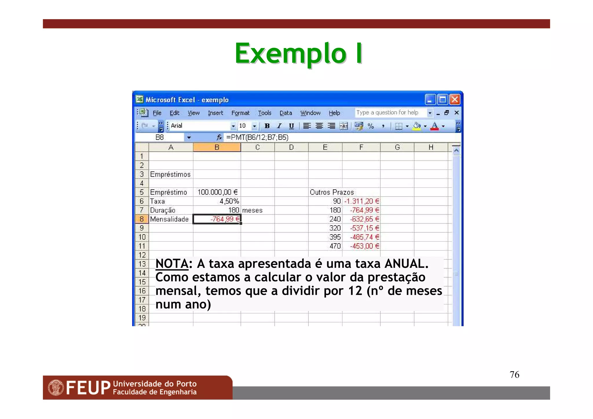 76
Exemplo IExemplo I
NOTA: A taxa apresentada é uma taxa ANUAL.
Como estamos a calcular o valor da prestação
mensal, temos que a dividir por 12 (nº de meses
num ano)
 