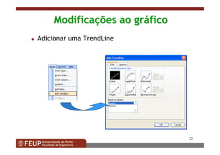 32
ModificaModificaçções ao grões ao grááficofico
Adicionar uma TrendLine
 