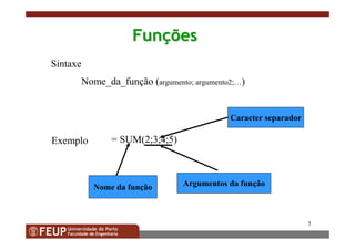 5
FunFunççõesões
= SUM(2;3;4;5)
Nome da função Argumentos da função
Caracter separador
Sintaxe
Nome_da_função (argumento; argumento2;…)
Exemplo
 