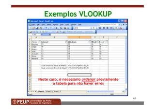 65
Exemplos VLOOKUPExemplos VLOOKUP
Neste caso, é necessário ordenar previamente
a tabela para não haver erros
 