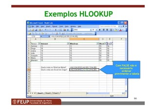 66
Exemplos HLOOKUPExemplos HLOOKUP
Com FALSE não é
necessário
ordenar
previmente a tabela
 