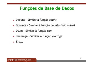 67
FunFunçções de Base de Dadosões de Base de Dados
Dcount – Similar à função count
Dcounta - Similar à função counta (não nulos)
Dsum - Similar à função sum
Daverage - Similar à função average
Etc...
 