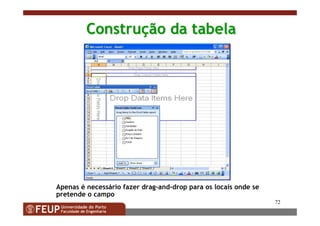 72
ConstruConstruçção da tabelaão da tabela
Apenas é necessário fazer drag-and-drop para os locais onde se
pretende o campo
 