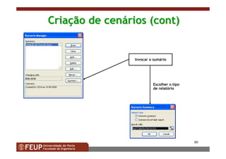 80
CriaCriaçção de cenão de cenáários (rios (contcont))
Invocar o sumário
Escolher o tipo
de relatório
 