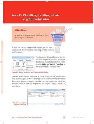 Aula 3 - Classificação, filtro, tabela e gráfico dinâmico 39 Rede e-Tec Brasil 
Aula 3 - Classificação, filtro, tabela 
e gráfico dinâmico 
Objetivo: 
• Aplicar as ferramentas de classificação, filtro, 
tabela e gráfico dinâmico. 
A partir de agora a oportunidade dada é voltada para a 
utilização das ferramentas de classificação, filtro, tabela e 
gráfico dinâmico. 
Para classificarmos os dados, uma das for-mas 
mais simples de utilizar o recurso de 
classificação é clicar nos botões de atalho 
da aba Dados do Grupo Classificar e 
Filtrar, conforme a figura ao lado: 
Figura 3.1 - Botões de Atalho para Classificação de Dados. 
Para isto, antes devemos selecionar as células da coluna que queremos re-alizar 
a classificação, podendo optar por classificar em ordem crescente ou 
decrescente. Também é possível classificar com mais de um nível como, por 
exemplo, classificar uma lista de produtos por origem e preço, como na fi-gura 
abaixo: 
Figura 3.2 - Caixa de 
Diálogo Classificar 
 