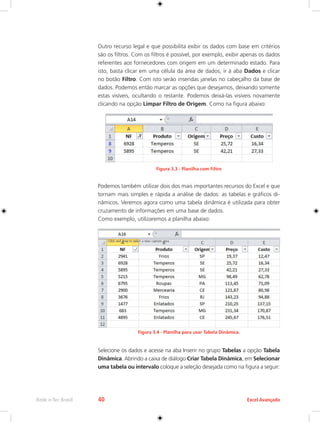Rede e-Tec Brasil 40 Excel Avançado 
Outro recurso legal e que possibilita exibir os dados com base em critérios 
são os filtros. Com os filtros é possível, por exemplo, exibir apenas os dados 
referentes aos fornecedores com origem em um determinado estado. Para 
isto, basta clicar em uma célula da área de dados, ir à aba Dados e clicar 
no botão Filtro. Com isto serão inseridas janelas no cabeçalho da base de 
dados. Podemos então marcar as opções que desejamos, deixando somente 
estas visíveis, ocultando o restante. Podemos deixá-las visíveis novamente 
clicando na opção Limpar Filtro de Origem. Como na figura abaixo: 
Figura 3.3 - Planilha com Filtro 
Podemos também utilizar dois dos mais importantes recursos do Excel e que 
tornam mais simples e rápida a análise de dados: as tabelas e gráficos di-nâmicos. 
Veremos agora como uma tabela dinâmica é utilizada para obter 
cruzamento de informações em uma base de dados. 
Como exemplo, utilizaremos a planilha abaixo: 
Figura 3.4 - Planilha para usar Tabela Dinâmica. 
Selecione os dados e acesse na aba Inserir no grupo Tabelas a opção Tabela 
Dinâmica. Abrindo a caixa de diálogo Criar Tabela Dinâmica, em Selecionar 
uma tabela ou intervalo coloque a seleção desejada como na figura a seguir: 
 