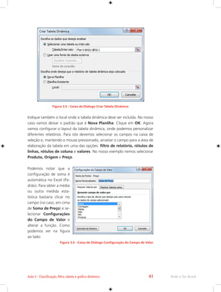 Aula 3 - Classificação, filtro, tabela e gráfico dinâmico 41 Rede e-Tec Brasil 
Figura 3.5 - Caixa de Diálogo Criar Tabela Dinâmica 
Indique também o local onde a tabela dinâmica deve ser incluída. No nosso 
caso vamos deixar o padrão que é Nova Planilha. Clique em OK. Agora 
vamos configurar o layout da tabela dinâmica, onde podemos personalizar 
diferentes relatórios. Para isto devemos selecionar os campos na caixa de 
seleção e, mantendo o mouse pressionado, arrastar o campo para a área de 
elaboração da tabela em uma das opções: filtro de relatório, rótulos de 
linhas, rótulos de coluna e valores. No nosso exemplo iremos selecionar 
Produto, Origem e Preço. 
Podemos notar que a 
configuração de soma é 
automática no Excel (Pa-drão). 
Para obter a média 
ou outra medida esta-tística 
bastaria clicar no 
campo (no caso, em cima 
de Soma de Preço) e se-lecionar 
Configurações 
do Campo de Valor e 
alterar a função. Como 
podemos ver na figura 
ao lado: 
Figura 3.6 - Caixa de Diálogo Configuração do Campo de Valor 
 