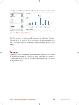 Aula 3 - Classificação, filtro, tabela e gráfico dinâmico 43 Rede e-Tec Brasil 
Figura 3.8 - Tabela e Gráfico Dinâmico 
O gráfico gerado é considerado dinâmico porque à medida que são efetu-adas 
alterações na tabela dinâmica, as mesmas são aplicadas ao gráfico. 
Não é necessário, portanto, para cada alteração da tabela, gerar um novo 
gráfico. 
Resumo 
O foco dessa aula foi a criação de planilhas e a partir delas o modo de utilizar 
as ferramentas do Excel de classificação, filtro, tabela e gráfico dinâmico. 
Estes recursos são muito úteis na análise de dados empresariais e na gestão 
de negócios em geral. 
 