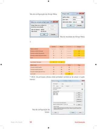 Rede e-Tec Brasil 58 Excel Avançado 
Tela de configuração do Atingir Meta: 
Tela do resultado do Atingir Meta: 
4. 
Sanduba Mistão ----------- Estoque 
Valores unitários ----------- ----------- ----------- ----------- 
Consumo unitário de queijo 8 6 ----------- 48 
Consumo unitário de presunto 6 12 ----------- 72 
Consumo unitário de pão de forma 10 5 ----------- 50 
Lucro 6 4 ----------- ----------- 
Quantidades fabricadas 3 4 
Valores totais Soma Folga 
Consumo total de queijo 24 24 48 0 
Consumo total de presunto 18 48 66 6 
Consumo total de pão de forma 30 20 50 0 
Lucro total 18 16 34 
* DICA: As principais células estão pintadas! Lembre-se de ativar o Suple-mento! 
Tela de configuração do 
Solver: 
 