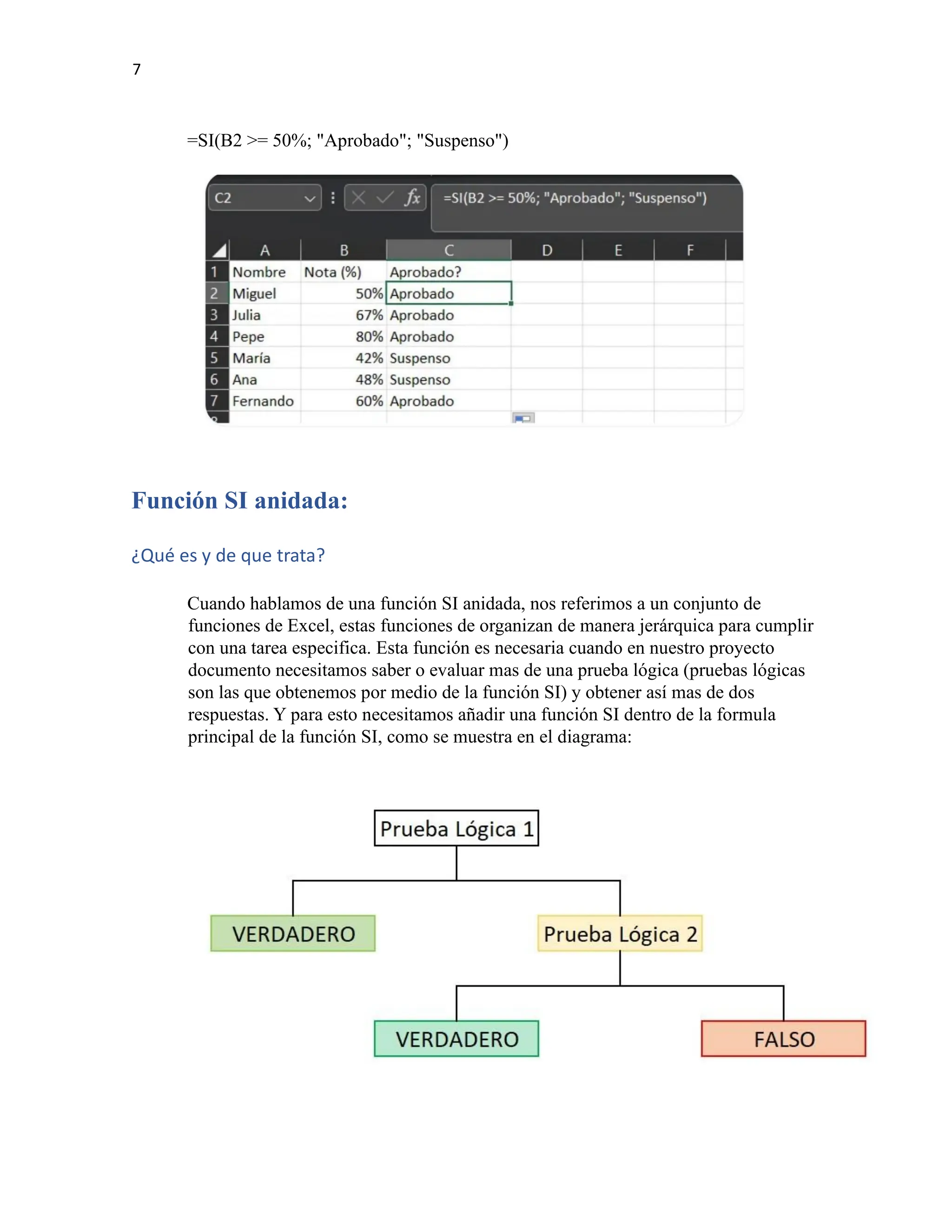 7
=SI(B2 >= 50%; "Aprobado"; "Suspenso")
Función SI anidada:
¿Qué es y de que trata?
Cuando hablamos de una función SI anidada, nos referimos a un conjunto de
funciones de Excel, estas funciones de organizan de manera jerárquica para cumplir
con una tarea especifica. Esta función es necesaria cuando en nuestro proyecto
documento necesitamos saber o evaluar mas de una prueba lógica (pruebas lógicas
son las que obtenemos por medio de la función SI) y obtener así mas de dos
respuestas. Y para esto necesitamos añadir una función SI dentro de la formula
principal de la función SI, como se muestra en el diagrama:
 