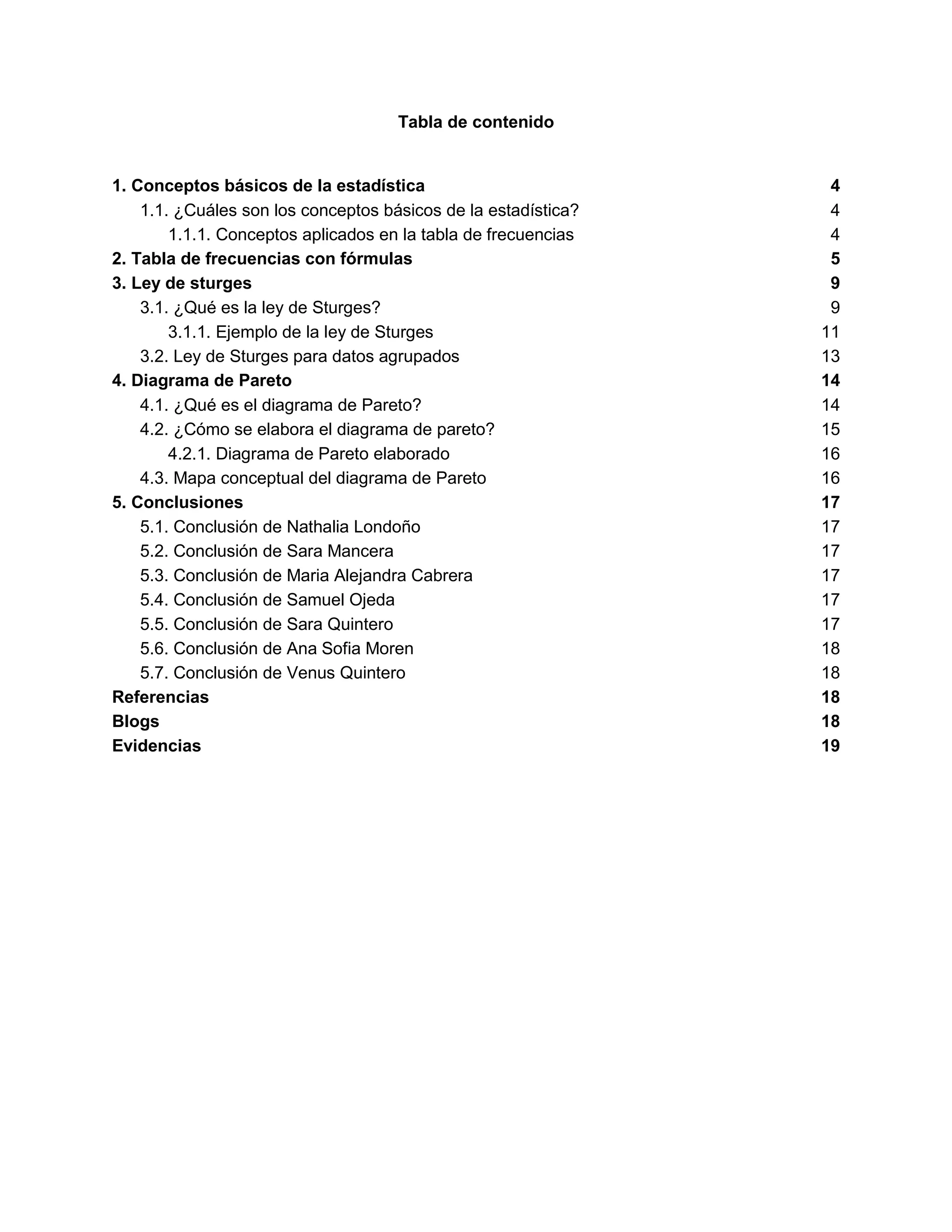 Tabla de contenido
1. Conceptos básicos de la estadística 4
1.1. ¿Cuáles son los conceptos básicos de la estadística? 4
1.1.1. Conceptos aplicados en la tabla de frecuencias 4
2. Tabla de frecuencias con fórmulas 5
3. Ley de sturges 9
3.1. ¿Qué es la ley de Sturges? 9
3.1.1. Ejemplo de la ley de Sturges 11
3.2. Ley de Sturges para datos agrupados 13
4. Diagrama de Pareto 14
4.1. ¿Qué es el diagrama de Pareto? 14
4.2. ¿Cómo se elabora el diagrama de pareto? 15
4.2.1. Diagrama de Pareto elaborado 16
4.3. Mapa conceptual del diagrama de Pareto 16
5. Conclusiones 17
5.1. Conclusión de Nathalia Londoño 17
5.2. Conclusión de Sara Mancera 17
5.3. Conclusión de Maria Alejandra Cabrera 17
5.4. Conclusión de Samuel Ojeda 17
5.5. Conclusión de Sara Quintero 17
5.6. Conclusión de Ana Sofia Moren 18
5.7. Conclusión de Venus Quintero 18
Referencias 18
Blogs 18
Evidencias 19
 