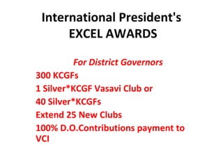 International President's
      EXCEL AWARDS

          For District Governors
300 KCGFs
1 Silver*KCGF Vasavi Club or
40 Silver*KCGFs
Extend 25 New Clubs
100% D.O.Contributions payment to
VCI
 