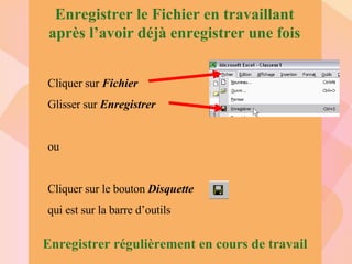 Enregistrer le Fichier en travaillant après l’avoir déjà enregistrer une fois Cliquer sur  Fichier Glisser sur  Enregistrer ou Cliquer sur le bouton  Disquette qui est sur la barre d’outils Enregistrer régulièrement en cours de travail 