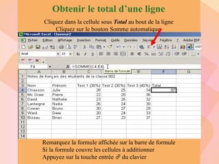 Obtenir le total d’une ligne Cliquez dans la cellule sous  Total  au bout de la ligne Cliquez sur le bouton Somme automatique  Remarquez la formule affichée sur la barre de formule Si la formule couvre les cellules à additionner Appuyez sur la touche entrée    du clavier 