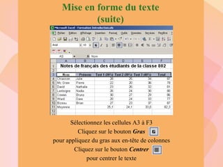 Mise en forme du texte (suite) Sélectionnez les cellules A3 à F3 Cliquez sur le bouton  Gras pour appliquez du gras aux en-tête de colonnes Cliquez sur le bouton  Centrer pour centrer le texte 