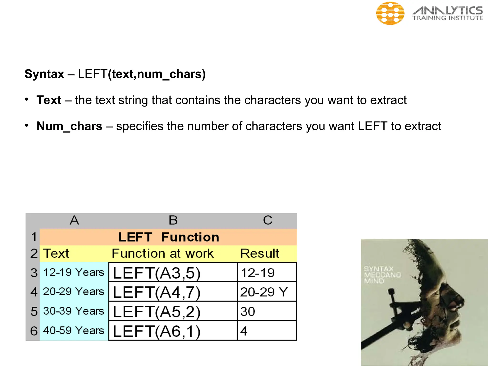 Syntax – LEFT(text,num_chars)
• Text – the text string that contains the characters you want to extract
• Num_chars – specifies the number of characters you want LEFT to extract
 