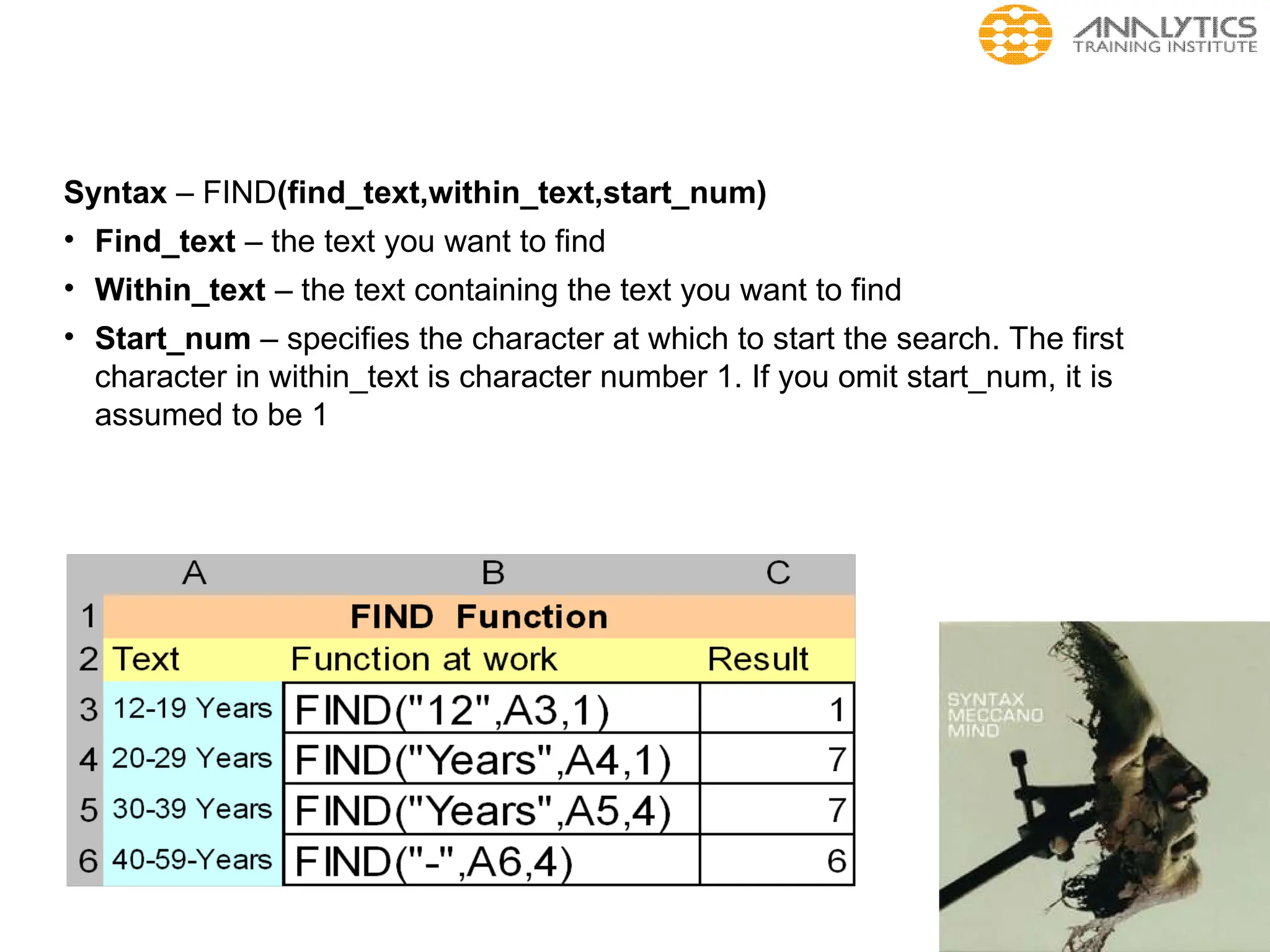 Syntax – FIND(find_text,within_text,start_num)
• Find_text – the text you want to find
• Within_text – the text containing the text you want to find
• Start_num – specifies the character at which to start the search. The first
character in within_text is character number 1. If you omit start_num, it is
assumed to be 1
 
