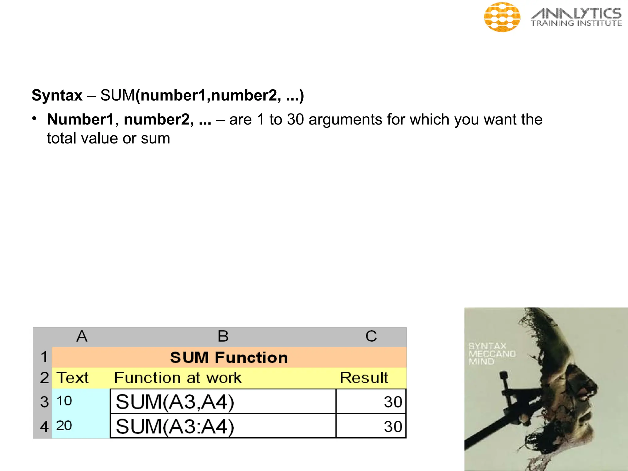 Syntax – SUM(number1,number2, ...)
• Number1, number2, ... – are 1 to 30 arguments for which you want the
total value or sum
 