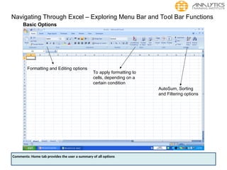 Navigating Through Excel – Exploring Menu Bar and Tool Bar Functions
Basic Options
Formatting and Editing options
To apply formatting to
cells, depending on a
certain condition
AutoSum, Sorting
and Filtering options
Comments: Home tab provides the user a summary of all options
 