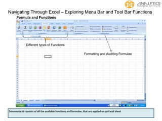 Navigating Through Excel – Exploring Menu Bar and Tool Bar Functions
Formula and Functions
Different types of Functions
Formatting and Auditing Formulae
Comments: It consists of all the available functions and formulae, that are applied on an Excel sheet
 