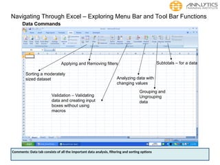 Navigating Through Excel – Exploring Menu Bar and Tool Bar Functions
Data Commands
Sorting a moderately
sized dataset
Applying and Removing filters
Validation – Validating
data and creating input
boxes without using
macros
Grouping and
Ungrouping
data
Subtotals – for a data
Analyzing data with
changing values
Comments: Data tab consists of all the important data analysis, filtering and sorting options
 