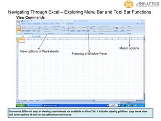 Navigating Through Excel – Exploring Menu Bar and Tool Bar Functions
View Commands
View options of Worksheets
Freezing a Window Pane
Macro options
Comments: Different ways of viewing a worksheets are available on View Tab. It includes viewing gridlines, page break view
and zoom options. It also has an option to record maros.
 