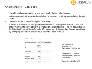 What if analysis - Goal Seek
• Useful for solving equation for one unknown for better optimizations
• Let us suppose that you want to optimize the company profit by manipulating the unit
price
• Use data ribbon – what if Analysis, Goal Seek
• A model is created forecasting the demand with Constant parameters A B and unit
price. We need to arrive at profit X by changing the unit price. The pre-requisites are
Profit (set cell) should have formula, (To value) should be number desired to achieve,
by changing (unit Price) should have a number not a formula.
Goal Seek Demo
Demand Equation is A* Unit price to the power B
A 15000
B -1.2
Fixed Cost 2000
Unit cost 8
Unit Price 16.97
Resulting Demad 502
Profit 2500
Set to Profit Cell
To Value 2500
By changing Unit price cell
Profit formula = Unit price *
demand – fixed cost – Unit
cost*demand
Demand = A*Unit Price ^ B
 